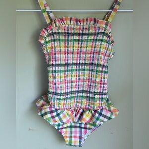 Min Boden 7/8 one piece swim. Top/bottom ruffle. Front smocking. Plaid. Darling!
